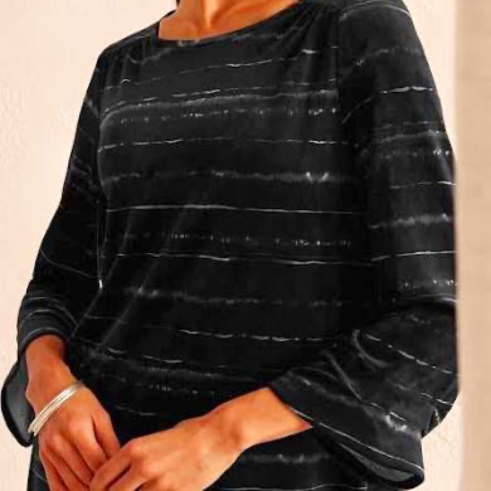NWT Pure Jill Plus 2X  Velour Pleated-Sleeve Top black tonal painterly stripes
